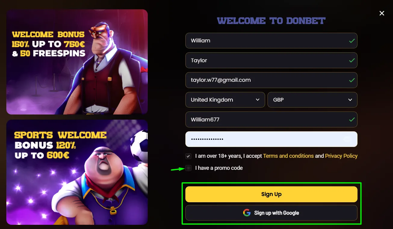 Donbet Casino registration form